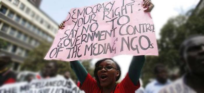 Civil society activists demonstrate in Nairobi against a proposed repressive NGO law in a growing global trend to stifle activism. (Photo credit: Evans Habil/Nation Media Group)